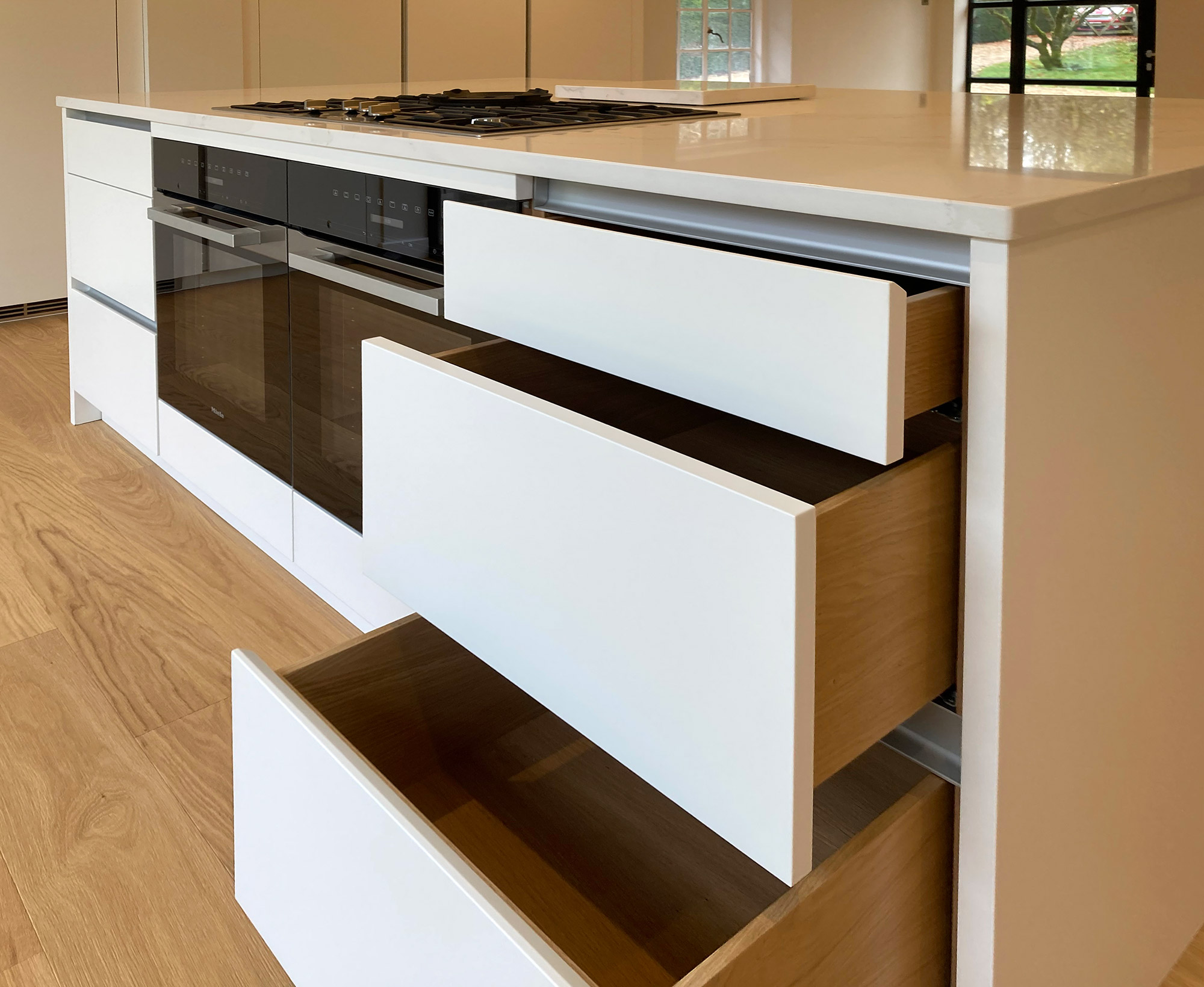 Orwell Heath kitchen island draws open