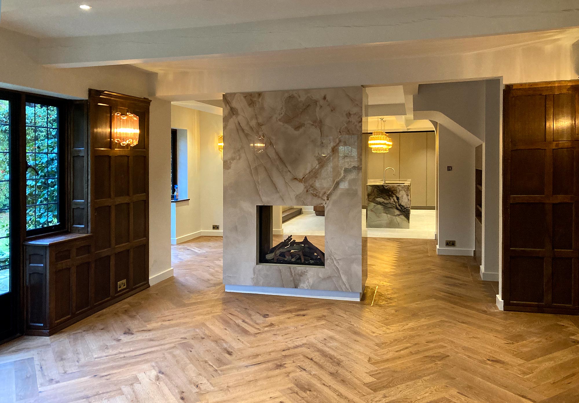 Custom made tiled chimney breast with tunnel gas fire